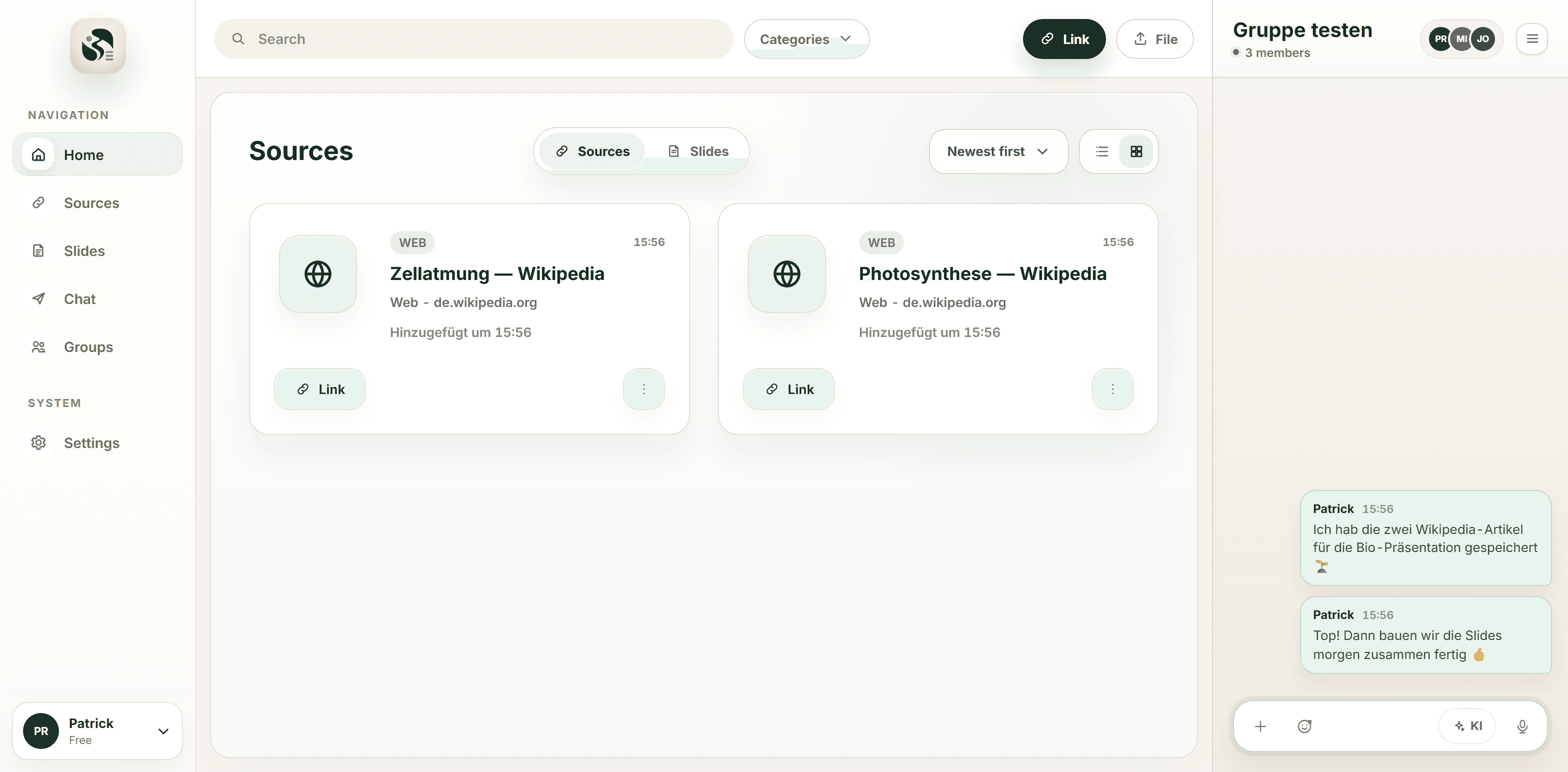 The GROVE app: sources, slides, and group chat
